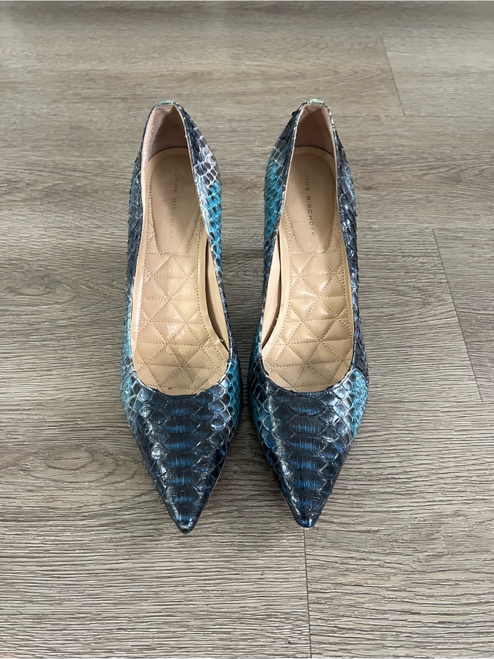 Jennifer Lopez Blue Teal Snakeskin Pointed Pumps